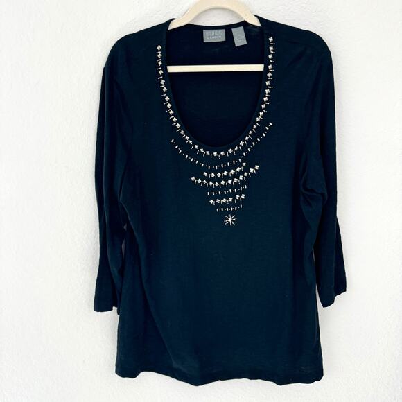Chico's Womens Additions Pullover Top Blouse Sz XL Embellished 100% Cotton Black - Picture 1 of 6